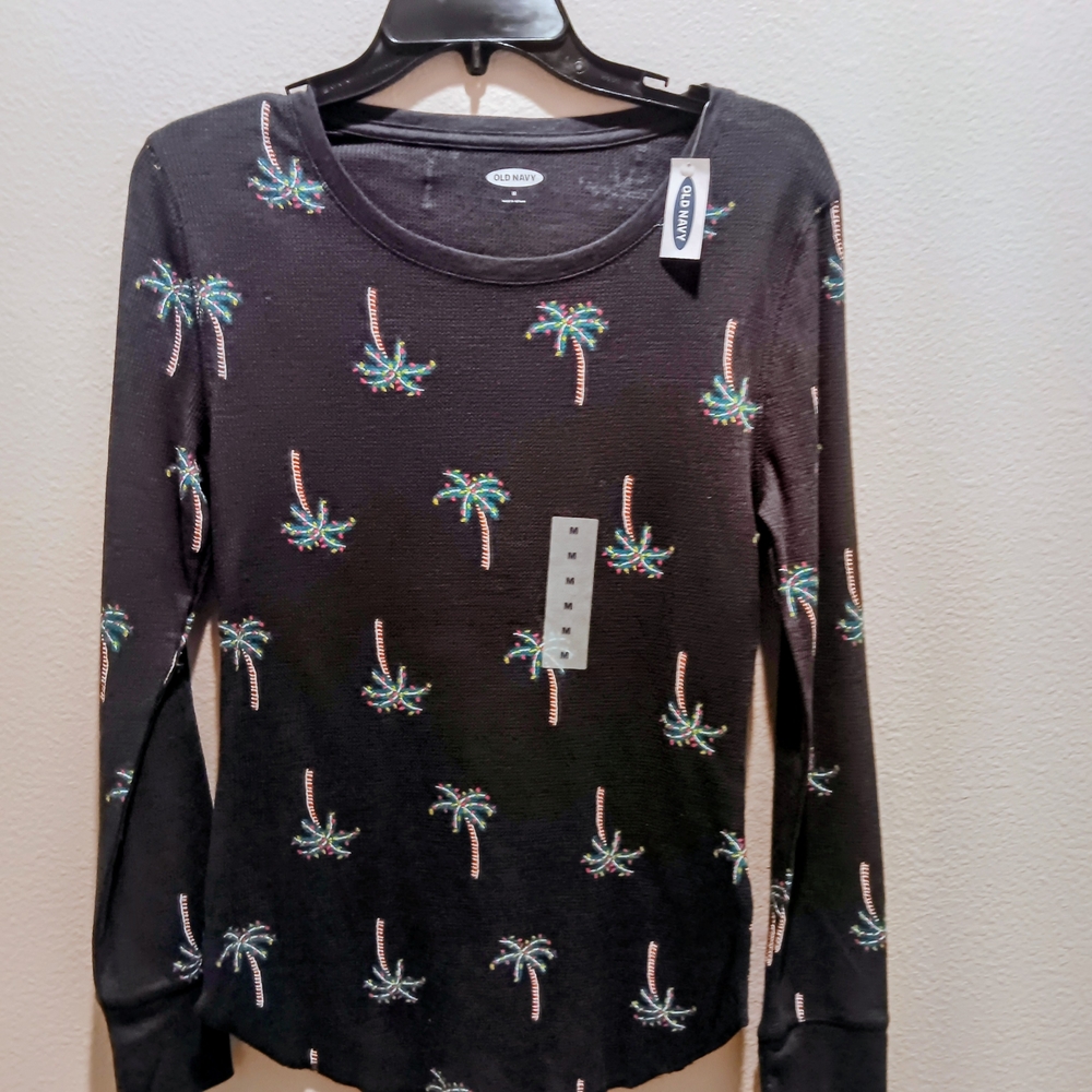 Old Navy Black Long Sleeve Top with Multicolor Palm Trees